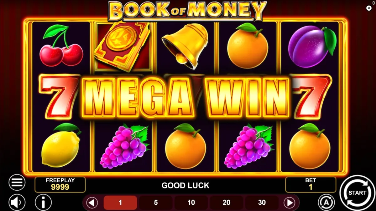 Interface do jogo Book of Money com símbolos clássicos e elementos místicos